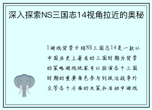 深入探索NS三国志14视角拉近的奥秘